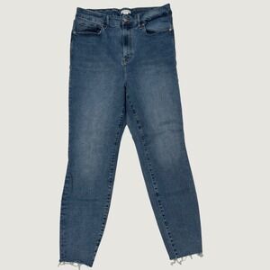 Good American High Rise Skinny Jeans Medium Wash Raw Hem Size 14-16 Blue